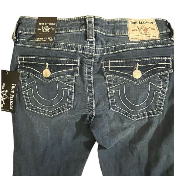 True Religion Big T Flap Jennie Mid Rise Medium Dark 205054A Sz 27 NWT - Picture 4 of 9